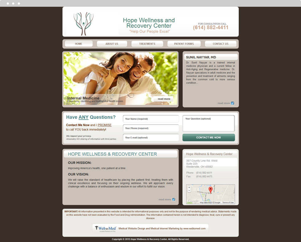 Internal Medicine Website Design - Hope Wellness and Recovery Center - Homepage