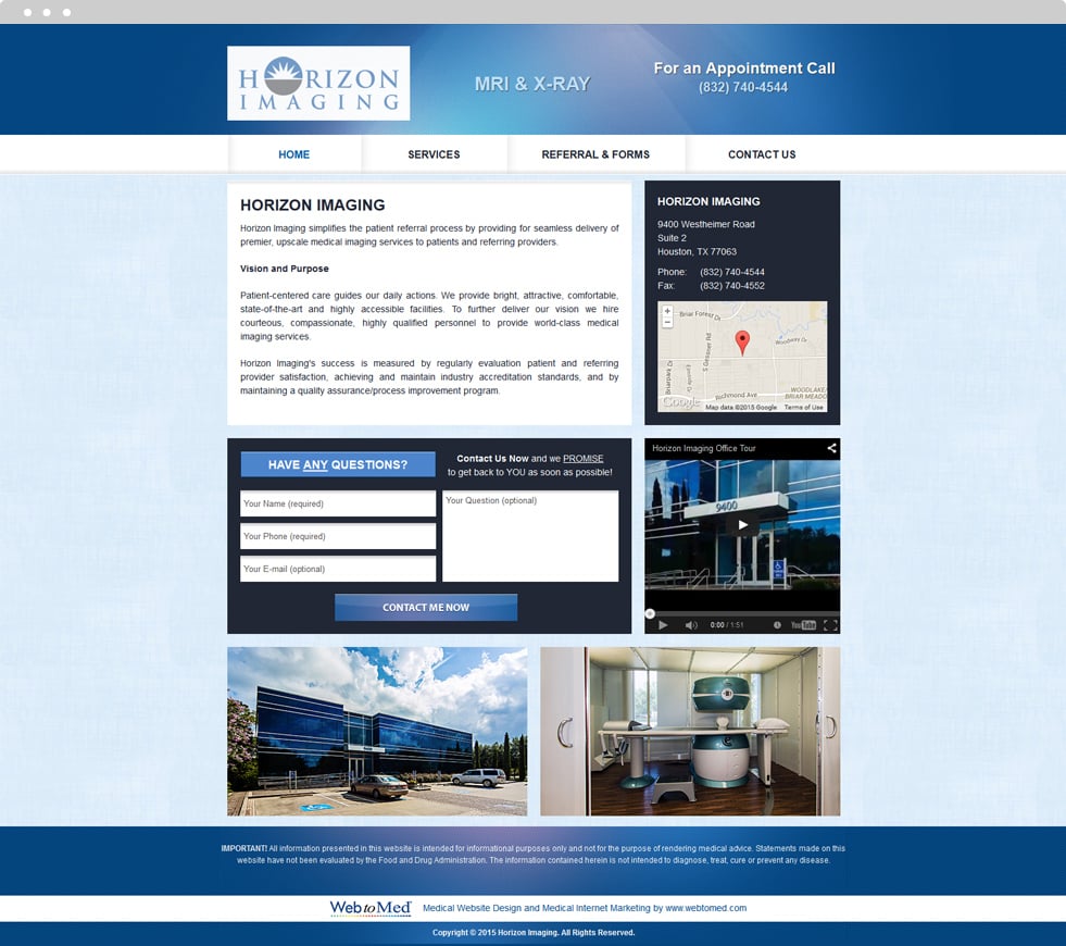 Medical Services Website Design - Horizon Imaging - Homepage
