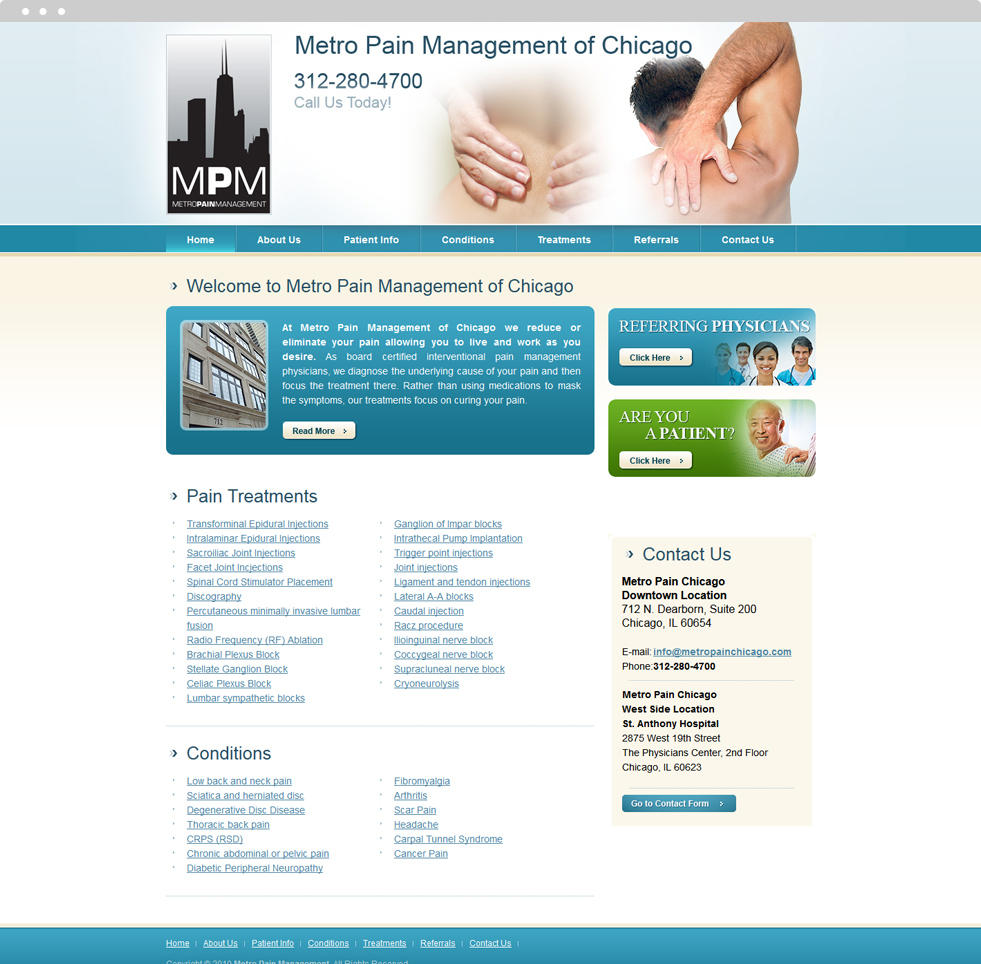 Pain Management Website Design - Metro Pain Management of Chicago - Homepage