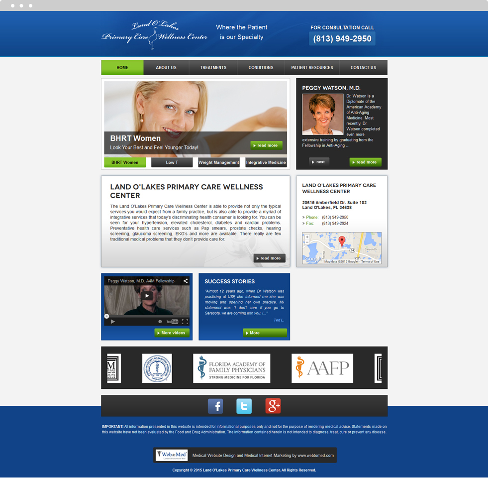 Integrative Medicine Website Design - Land O'Lakes Primary Care Wellness Center - Homepage